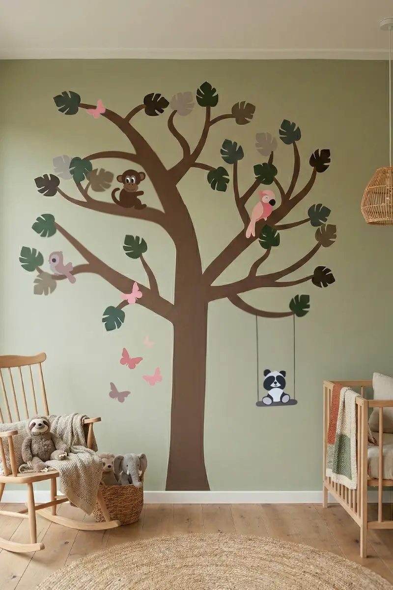 Behang boom sticker naturel babykamer in grounding kleuren.